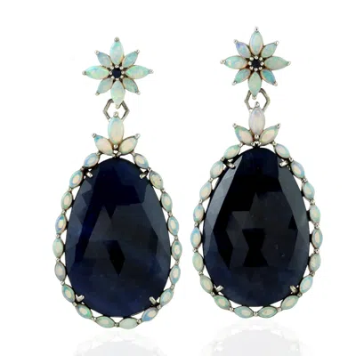 Artisan Women's White / Blue Blue Sapphire & Opal Ethiopian Gemstone Dangle Earrings In White Gold In Multi