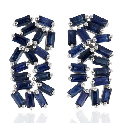 Artisan Women's White / Blue Blue Sapphire Baguette Cluster Earrings In 18k White Gold In White/blue
