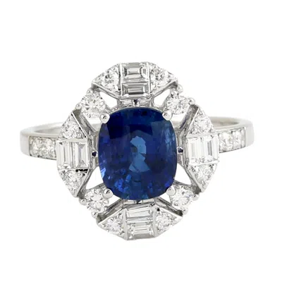 Artisan Women's White / Blue Blue Sapphire Gemstone & Baguette Diamond Cocktail Ring In White Gold