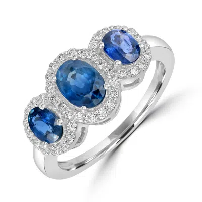 Artisan Women's White / Blue Blue Sapphire Gemstone & Diamond Three Stone Band Ring In White Gold In Multi