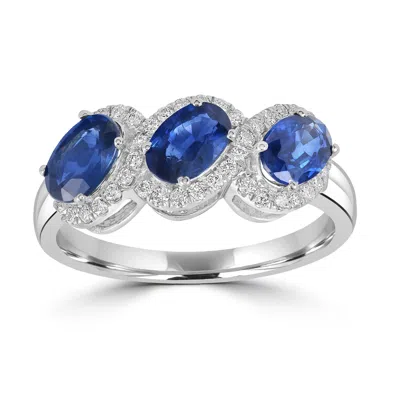 Artisan Women's White / Blue Blue Sapphire Gemstone Pave Diamond Three Stone Band Ring In White Gold