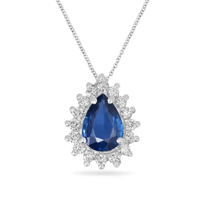Artisan Women's White / Blue Blue Sapphire Gemstone Prong Diamond Pear Cut Pendant In White Gold In Multi
