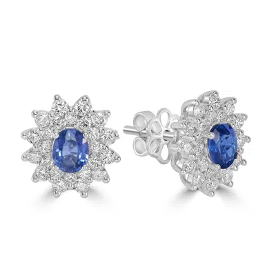 Artisan Women's White / Blue Blue Sapphire Gemstone Prong Diamond Stud Earrings In White Gold In Multi