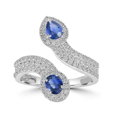 Artisan Women's White / Blue Blue Sapphire Pave Diamond Designer Bypass Ring In White Gold In Multi