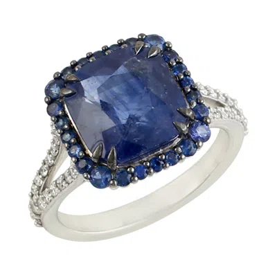 Artisan Women's White / Blue Blue Sapphire Pave Diamond Solitaire Ring In White Gold – Square Cut Gemstone W In Multi