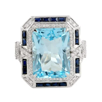 Artisan Women's White / Blue Blue Topaz & Blue Sapphire Gemstone Diamond Cocktail Ring In White Gold In Multi