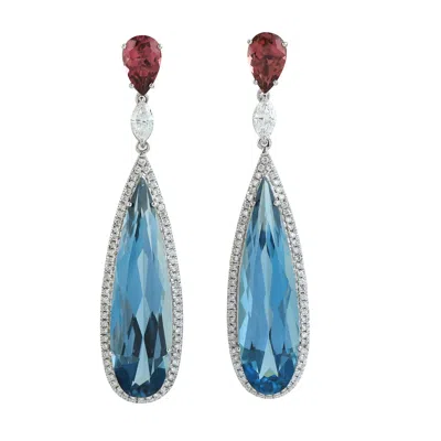 Artisan Women's White / Blue Blue Topaz Pear Pink Tourmaline Pave Diamond Dangle Earrings In White Gold
