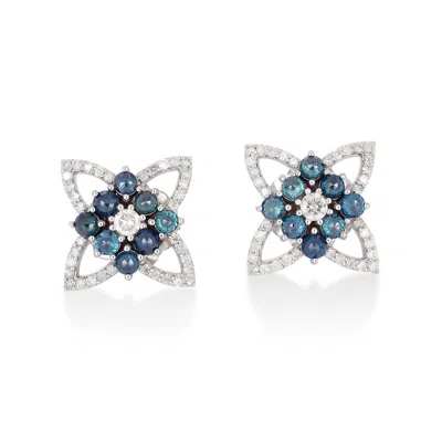 Artisan Women's White / Blue Colored Diamond Flower Stud Earrings In White Gold – Elegant Floral Fine Jewelr In Multi