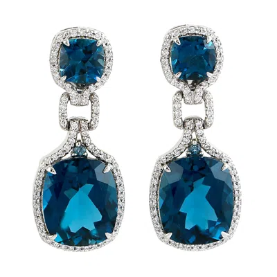 Artisan Women's White / Blue Cushion Cut London Topaz & Diamond Designer Dangle Earrings In White Gold In Multi
