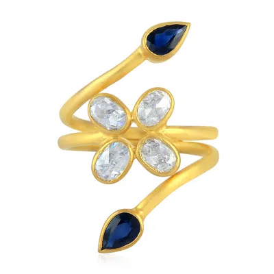 Artisan Women's White / Blue / Gold 18k Solid Yellow Gold Rose Cut Diamond Sapphire Between The Finger Ring In Gray