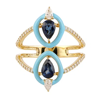 Artisan Women's White / Blue / Gold 18k Yellow Gold Blue Sapphire Pave Diamond Designer Ring Jewelry