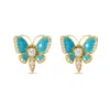 Artisan Women's White / Blue / Gold Blue Enamel Butterfly Stud Earrings With Diamonds In Yellow Gold In Multi