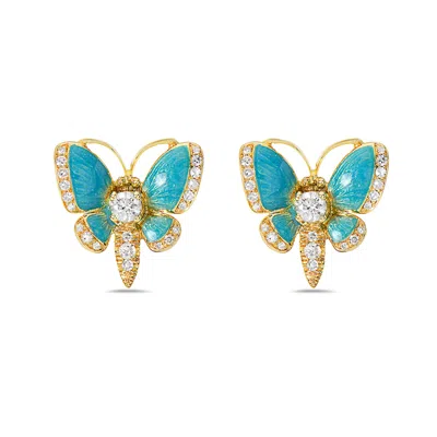 Artisan Women's White / Blue / Gold Blue Enamel Butterfly Stud Earrings With Diamonds In Yellow Gold In Multi