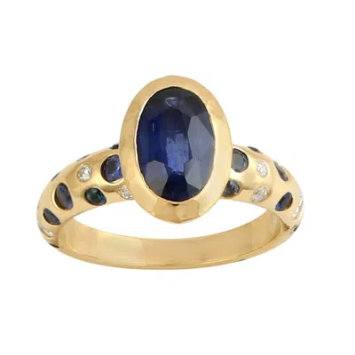 Artisan Women's White / Blue / Gold Blue Sapphire Oval Gemstone & Diamond Band Ring In Gold In Multi