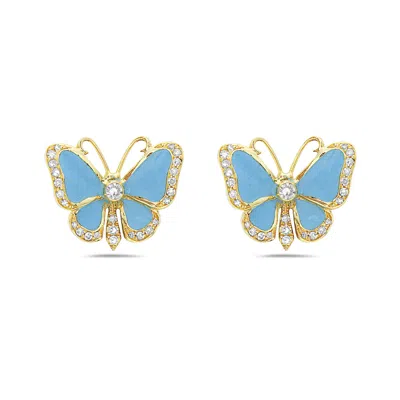 Artisan Women's White / Blue / Gold Elegant Diamond & Enamel Butterfly Stud Earrings In Yellow Gold In Multi