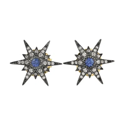Artisan Women's White / Blue / Gold Elegant Sterling Silver & Gold Star Studs With Diamonds & Sapphires
