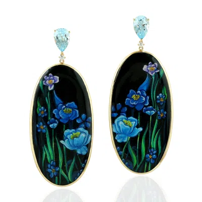 Artisan Women's White / Blue / Gold Flower Bakelite & Blue Topaz Diamond Enamel Dangle Earrings In Gold