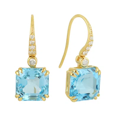 Artisan Women's White / Blue / Gold Octagon Blue Topaz Pave Diamond Ear Hook Earrings In Yellow Gold In Multi