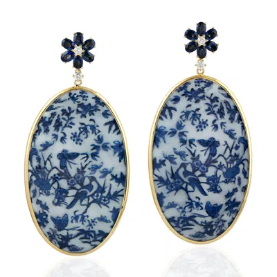 Artisan Women's White / Blue / Gold Picture Bakelite & Blue Sapphire Diamond Enamel Dangle Earrings In Gold