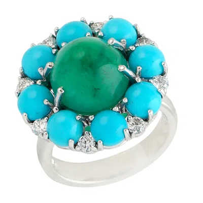 Artisan Women's White / Blue / Green Natural Emerald & Turquoise Prong Diamond Cocktail Ring In White Gold In Multi