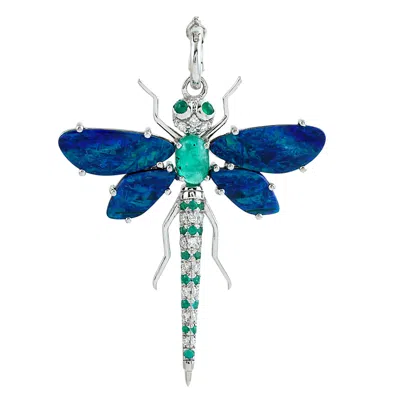 Artisan Women's White / Blue / Green Opal Doublet & Emerald Pave Diamond Dragon Fly Pendant In White Gold In Multi