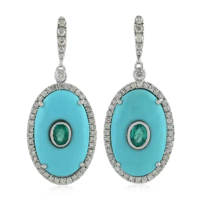 Artisan Women's White / Blue / Green Turquoise, Emerald & Diamond Drop Earrings In 18k White Gold In White/blue/green