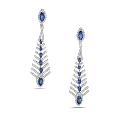 Artisan Women's White / Blue Marquise Blue Sapphire & Diamond Dangle Earrings In 18k White Gold In Multi