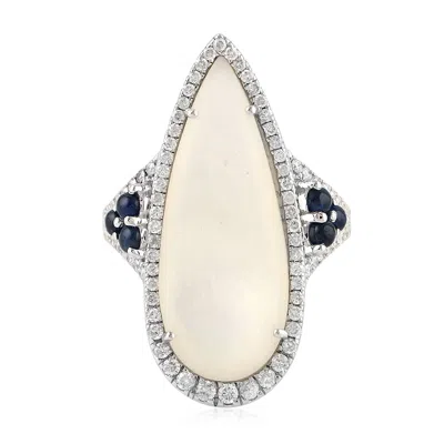 Artisan Women's White / Blue Mother Of Pearl & Blue Sapphire Pave Diamond Long Ring In 18k White Gold In Multi