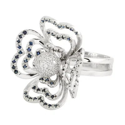 Artisan Women's White / Blue Natural Blue Sapphire & Diamond Flower Cocktail Ring In White Gold