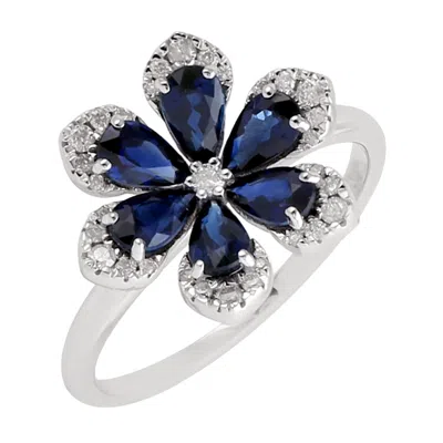 Artisan Women's White / Blue Natural Blue Sapphire & Diamond Flower Ring In White Gold