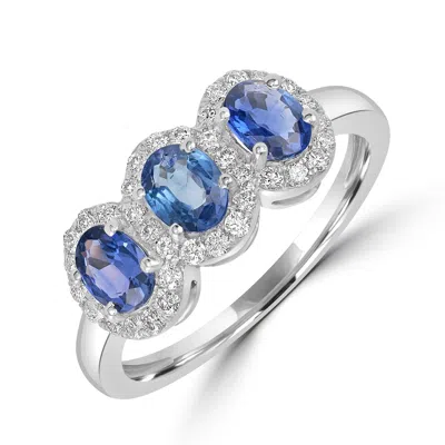 Artisan Women's White / Blue Natural Blue Sapphire & Diamond Three Stone Band Ring In White Gold In Multi