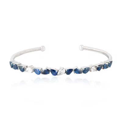 Artisan Women's White / Blue Natural Blue Sapphire & Rose Cut Diamond Cuff Bracelet In White Gold In Multi