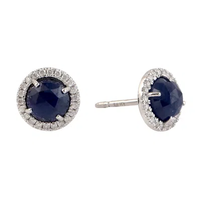 Artisan Women's White / Blue Natural Blue Sapphire Diamond Stud Earrings In White Gold