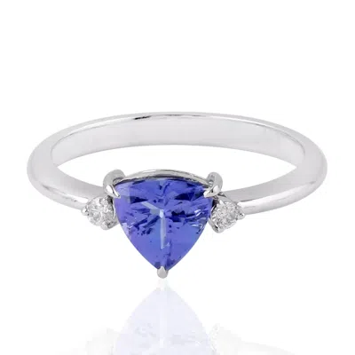 Artisan Women's White / Blue Natural Diamond & Tanzanite Triangle Ring In 18k White Gold In Silver