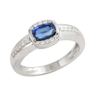 Artisan Women's White / Blue Natural Oval Cut Blue Sapphire Pave Diamond Band Ring In White Gold In Multi