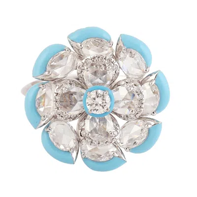 Artisan Women's White / Blue Natural Rose Cut Diamond Enamel Cocktail Ring In White Gold In Multi