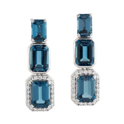 Artisan Women's White / Blue Octagon Cut London Topaz Pave Diamond Dangle Earrings In White Gold In Multi