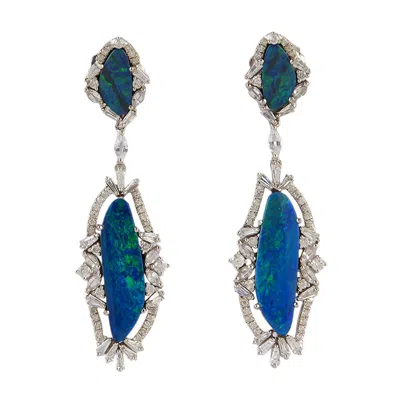 Artisan Women's White / Blue Opal Doublet & Sapphire Baguette Diamond Dangle Earrings In White Gold In Metallic