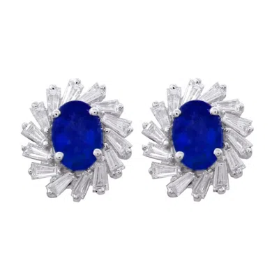 Artisan Women's White / Blue Oval Blue Sapphire & Baguette Diamond Starburst Stud Earrings In 18k White Gold In Multi