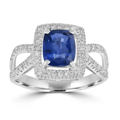 Artisan Women's White / Blue Oval Cut Blue Sapphire Gemstone Pave Diamond Solitaire Ring In White Gold In Multi