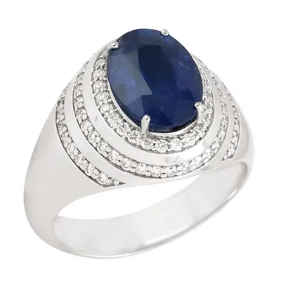 Artisan Women's White / Blue Oval Cut Blue Sapphire Pave Diamond Cocktail Ring In White Gold In Multi