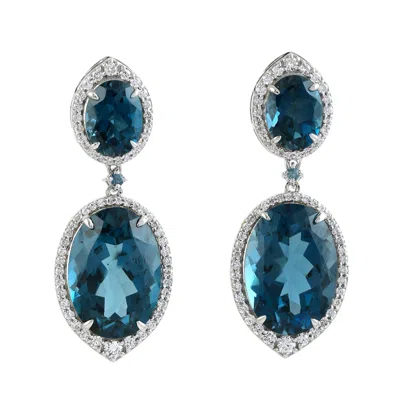 Artisan Women's White / Blue Oval Cut London Topaz & Diamond Dangle Earrings In White Gold