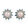 Artisan Women's White / Blue Pave Multicolor Diamond Stud Earrings With Pearl Center – White Gold Fine Jewel In Multi