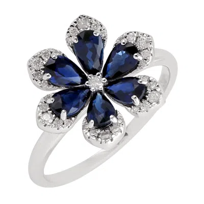 Artisan Women's White / Blue Pear Blue Sapphire & Diamond In 18k White Gold Daisy Flower Ring In Metallic