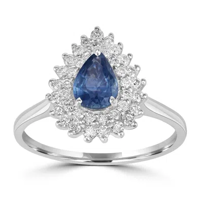 Artisan Women's White / Blue Pear-cut Blue Sapphire & Diamond Halo Ring In 18k White Gold In Silver
