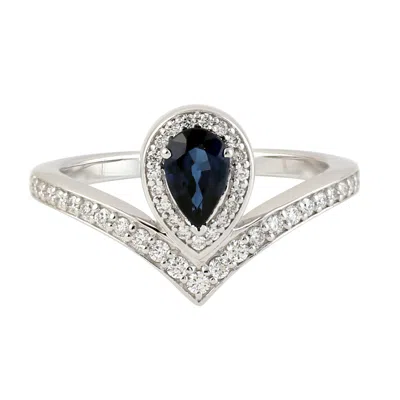 Artisan Women's White / Blue Pear Cut Blue Sapphire Diamond Engagement Ring 14k White Gold In Metallic