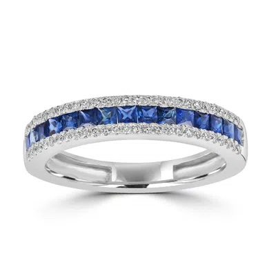 Artisan Women's White / Blue Princess Cut Blue Sapphire Pave Diamond Band Ring In White Gold In Multi