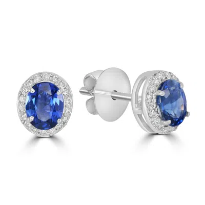 Artisan Women's White / Blue Prong Blue Sapphire & Diamond Oval Earrings In White Gold