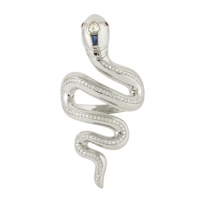 Artisan Women's White / Blue / Red Designer Sapphire, Ruby & Diamond Serpent Ring In White Gold In Silver