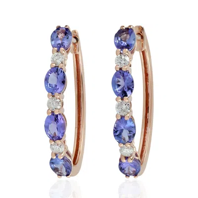 Artisan Women's White / Blue / Rose Gold 14k Rose Gold Hoop Earrings With Oval Tanzanite & Diamond In Multi